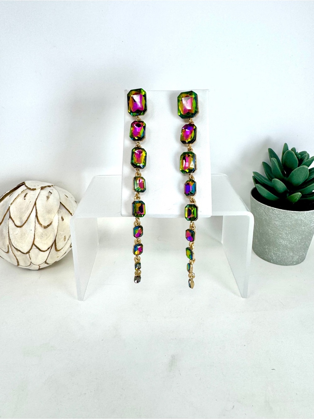 Iridescent Vitrail Rhinestone Linear Drop Earrings